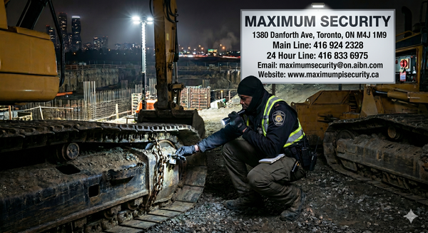 A professional commercial security guard inspecting heavy machinery track locks and battery disconnect panels at a major infrastructure development site in Mississauga overnight.