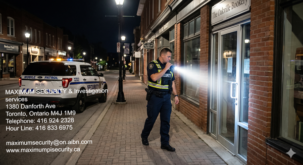 A professional mobile security patrol officer arriving at an independent small business storefront in Oakville at night to execute a verified alarm response
