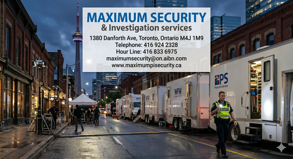 A security guard patrolling a temporary film production set and equipment trucks on a downtown Toronto street at night.