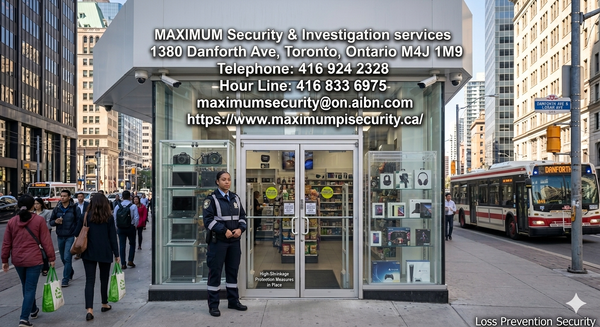 A sharp, visible uniformed commercial security guard standing authoritatively at the front entrance of a high-shrinkage convenience and electronics retail store in Downtown Toronto