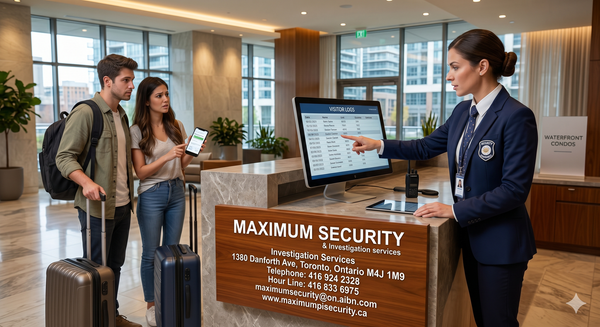A trained security concierge checking digital visitor logs and intercepting unauthorized short-term rental guests at an Etobicoke condominium front desk.