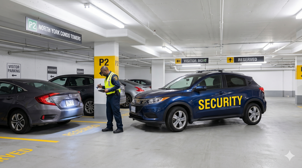 A security guard performing a vehicle patrol check in a brightly lit North York condominium underground parking garage.