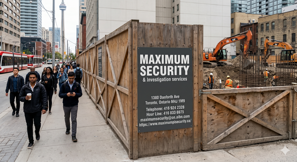 Heavy-duty wooden security hoarding panels installed along a busy downtown Toronto sidewalk corridor, enclosing an active pre-construction excavation project.