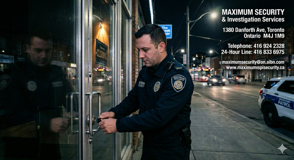A professional mobile security patrol officer locking the front glass door of a local restaurant on Danforth Avenue at night, ensuring the business is fully secured after hours.