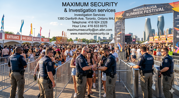  Professional crowd control security guards managing an entrance barricade at a massive outdoor festival in Mississauga during the summer.
