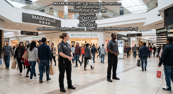 Two professional, uniformed loss prevention security guards monitoring the central concourse of a large, high-traffic commercial shopping center in Markham, Ontario.