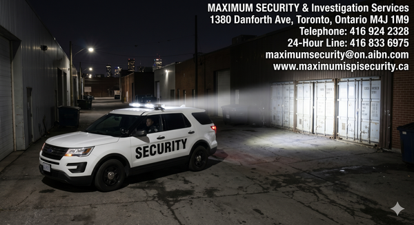 A marked mobile security patrol vehicle utilizing high-intensity alley lights to illuminate the rear shipping doors of a large commercial manufacturing warehouse in Scarborough 