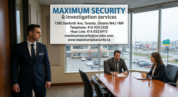 A corporate-uniformed security guard discreetly monitoring a high-risk employee termination meeting in a Vaughan office boardroom.