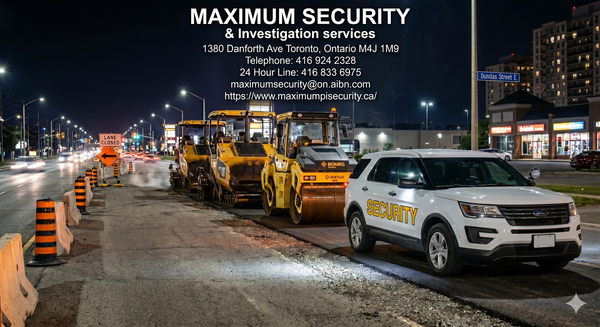 A professional commercial mobile security patrol vehicle parked with its amber warning lights activated next to a row of asphalt pavers and rollers on a closed lane