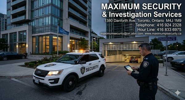 A marked security patrol vehicle conducts random perimeter checks outside the parking garage entrance of a modern Mississauga condominium.