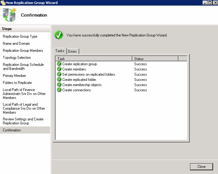 New Replication Group Wizard Completed
