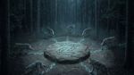 A wolf pack closes in from every direction on a central stone marker bearing the Zentachain logo in a dark pine forest — every attack vector modelled, the centre holds.