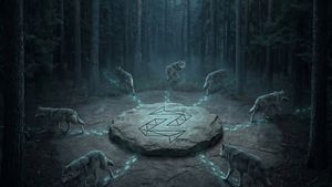 A wolf pack closes in from every direction on a central stone marker bearing the Zentachain logo in a dark pine forest — every attack vector modelled, the centre holds.