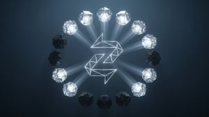 A ring of crystalline peer nodes orbits a luminous Zentachain logo, each glowing sphere a validator earning its place in the network — distributed consensus in motion.