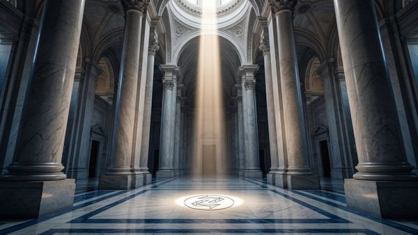 Classical marble rotunda with the Zentachain seal, symbolising privacy as a human right.