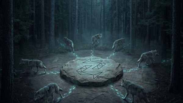 A wolf pack closes in from every direction on a central stone marker bearing the Zentachain logo in a dark pine forest — every attack vector modelled, the centre holds.