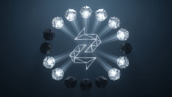 A ring of crystalline peer nodes orbits a luminous Zentachain logo, each glowing sphere a validator earning its place in the network — distributed consensus in motion.