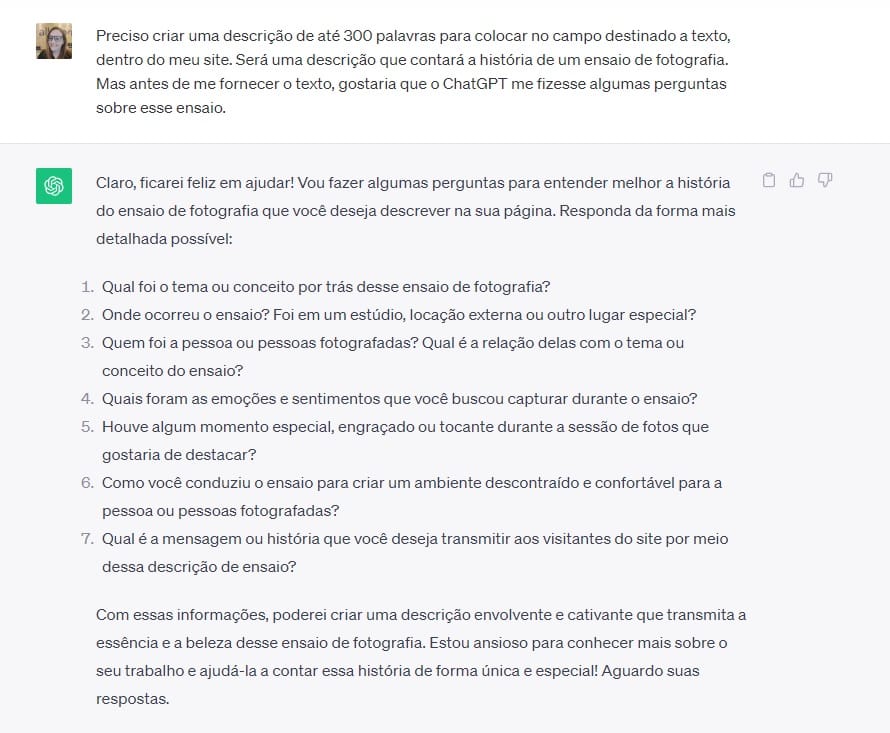modelo de prompt para criar uma descrição de trabalho para o seu site portfólio