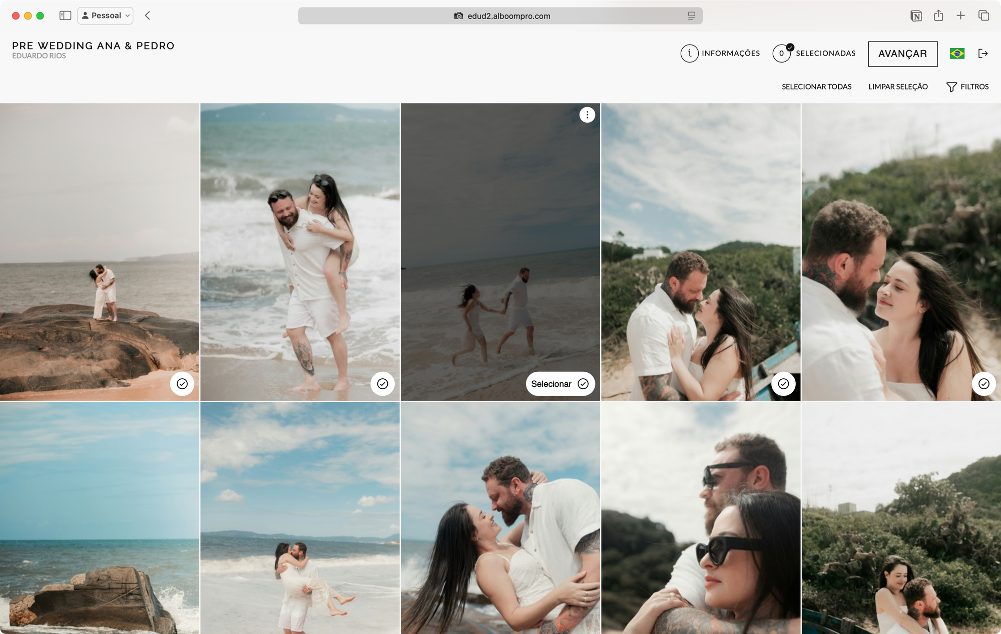 Interface de escolha e aprovação de fotos pelo Alboom Proof Gallery