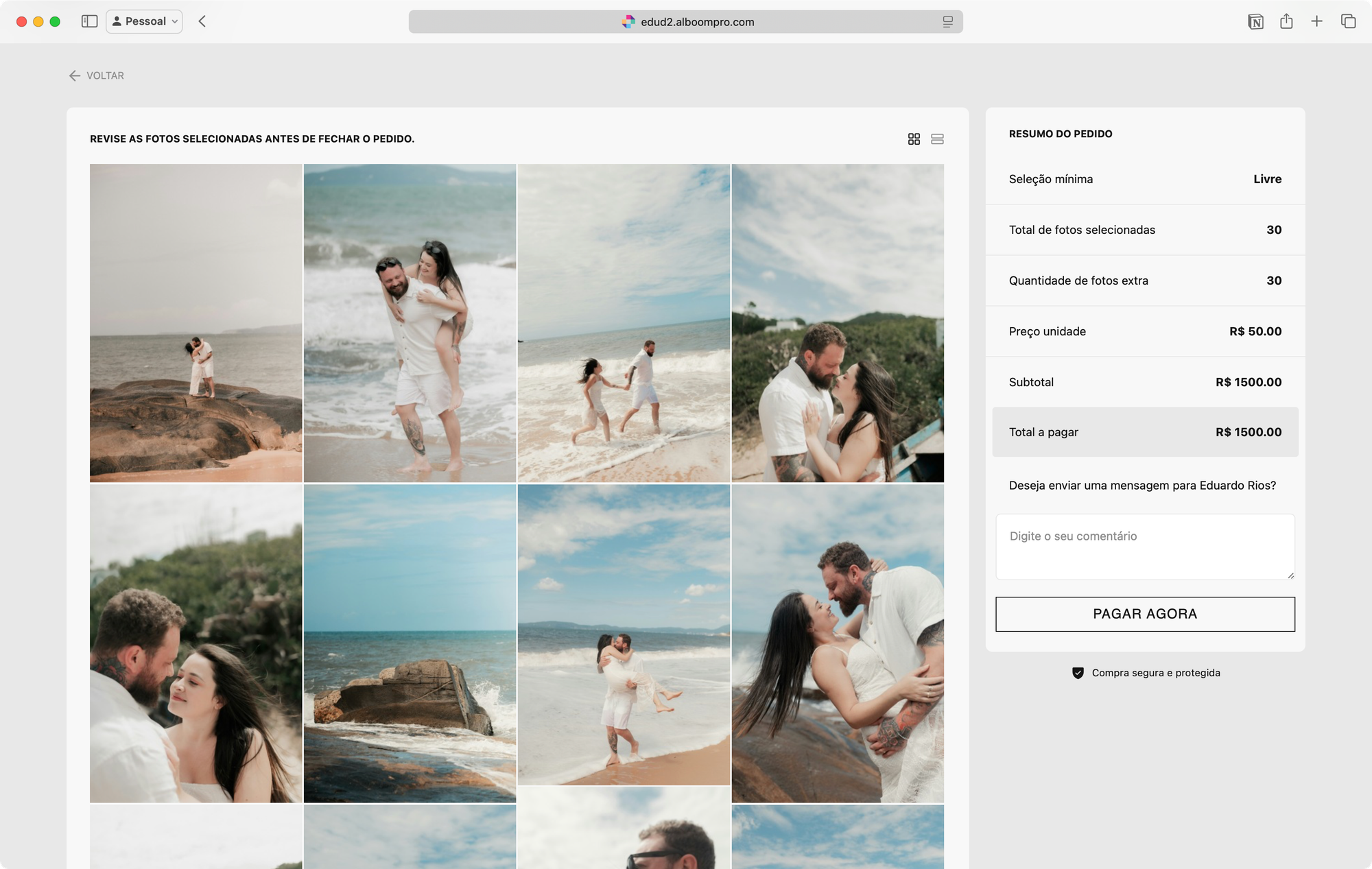 Interface do Proof Gallery: Resumo do pedido de aprovação e compra de fotos online