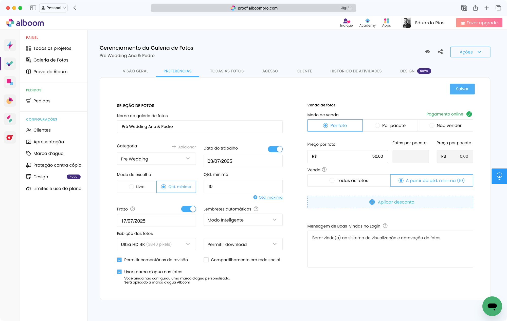 Configuração da Galeria para a Seleção e Venda de Fotos no Proof Gallery