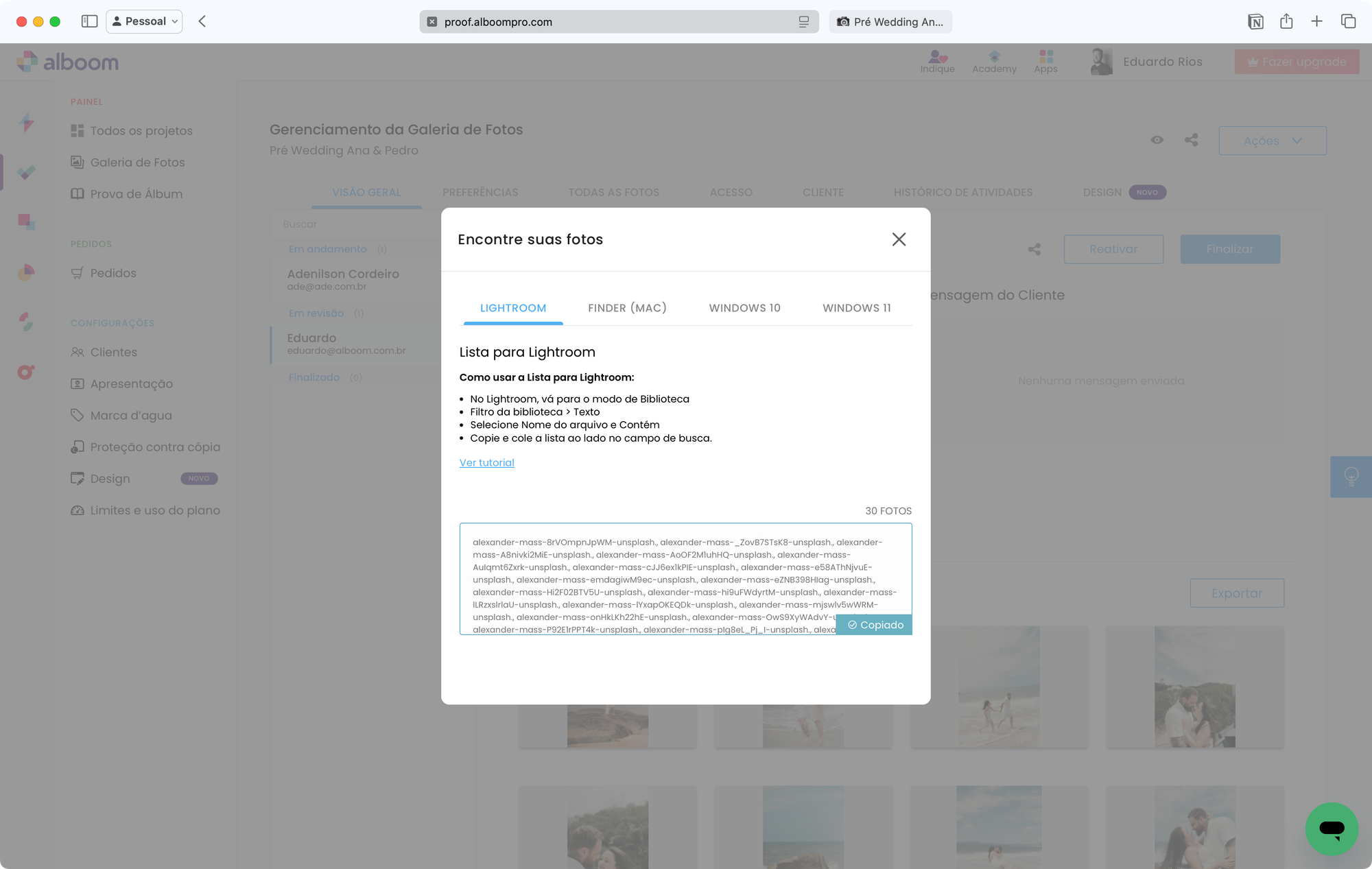 O Proof Gallery tem integração com o Lightroom, o que facilita na hora de saber quais fotos o cliente escolheu, otimizando o tempo da pós-produção.