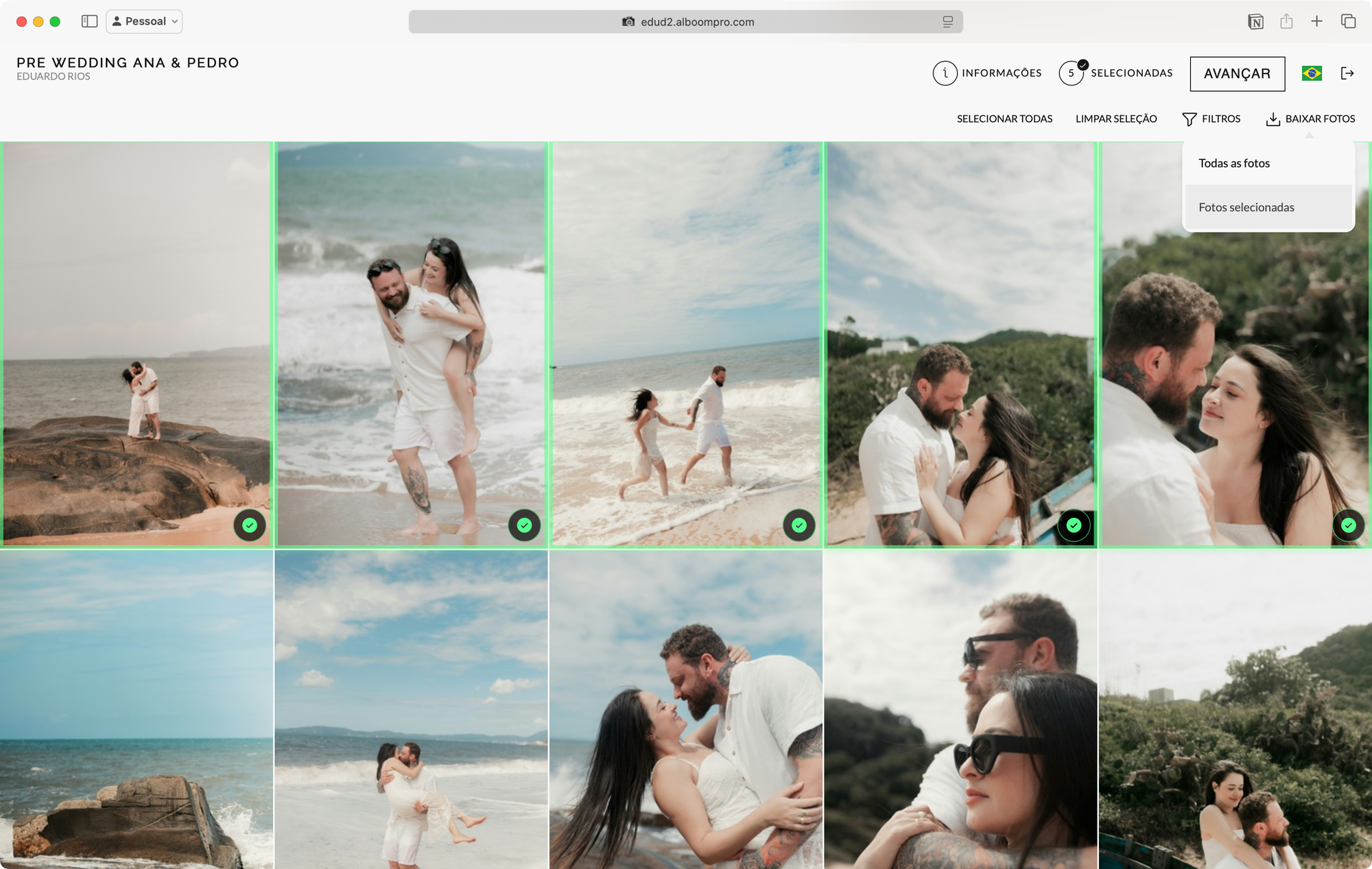 Cliente baixando as fotos via Alboom Proof Gallery