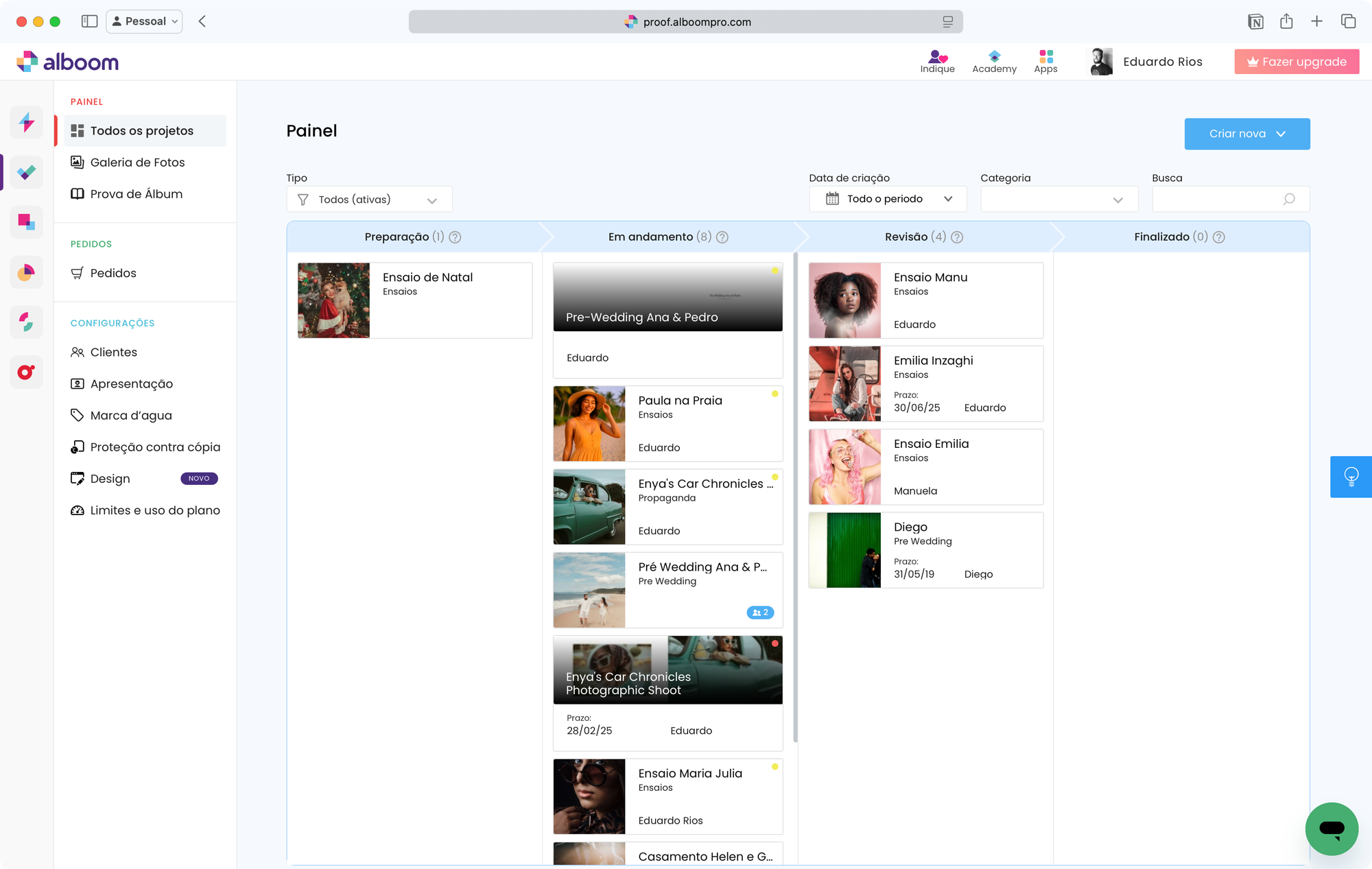 Painel do Proof Gallery, com acompanhamento das provas de fotos e álbuns