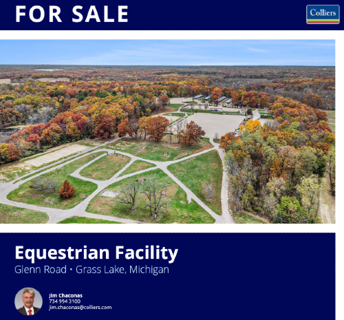 Aerial view of Waterloo showgrounds, with paths in the foreground around grassy green areas, large rings and barns in the mid-background.