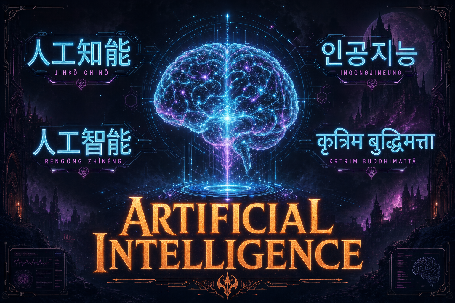 Movie-style poster rendering the words for "artificial intelligence" in five scripts — Japanese, Korean, Chinese, Hindi, English — around a glowing neural mind. All text is crisp and legible.