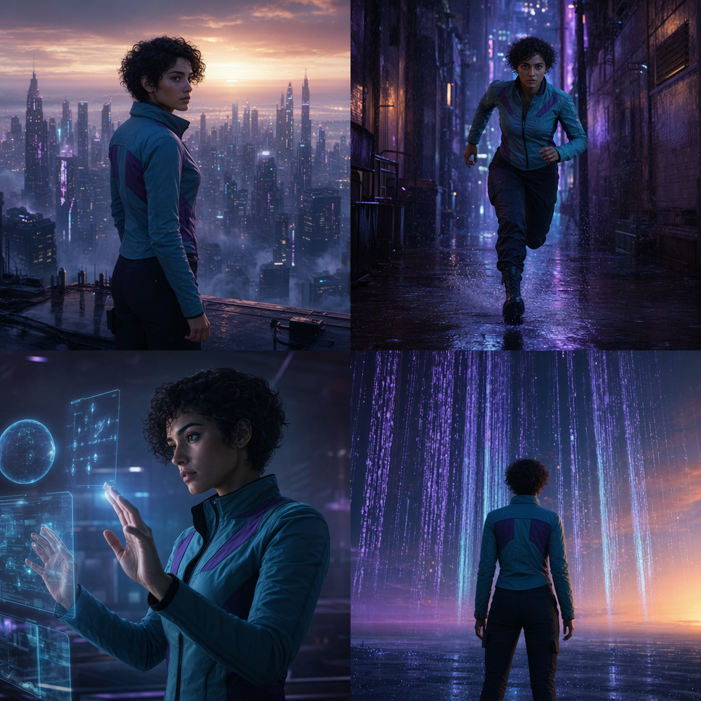 Panel 1: Dawn rooftop — same protagonist as every other panel