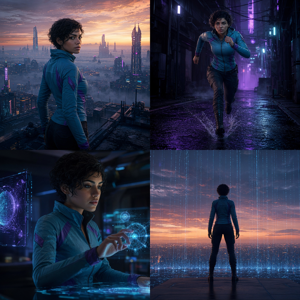 Panel 2: Neon rain alley — same protagonist as every other panel