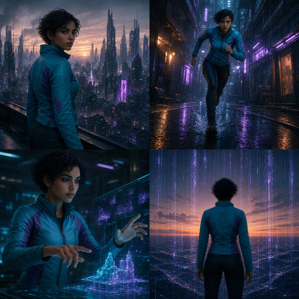 Panel 3: Holographic lab — same protagonist as every other panel