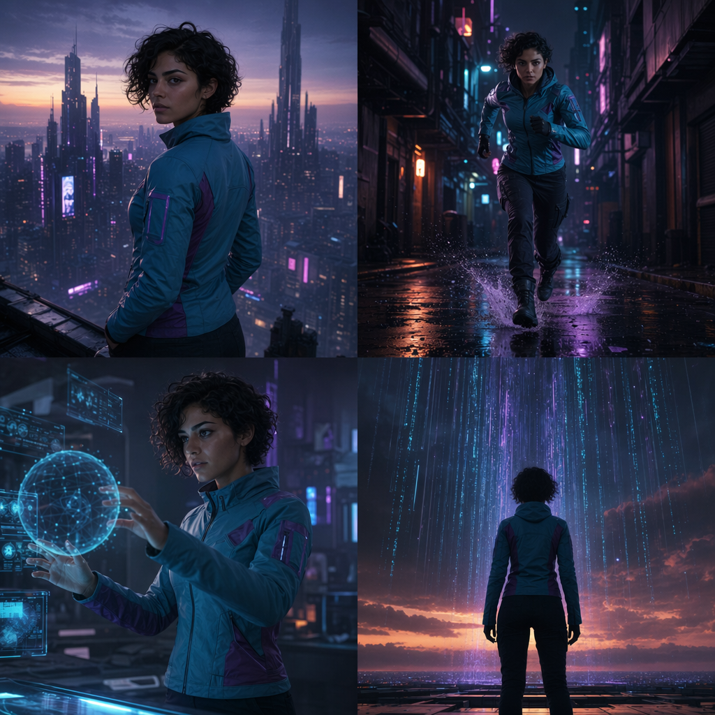 Panel 4: Data ocean dusk — same protagonist as every other panel