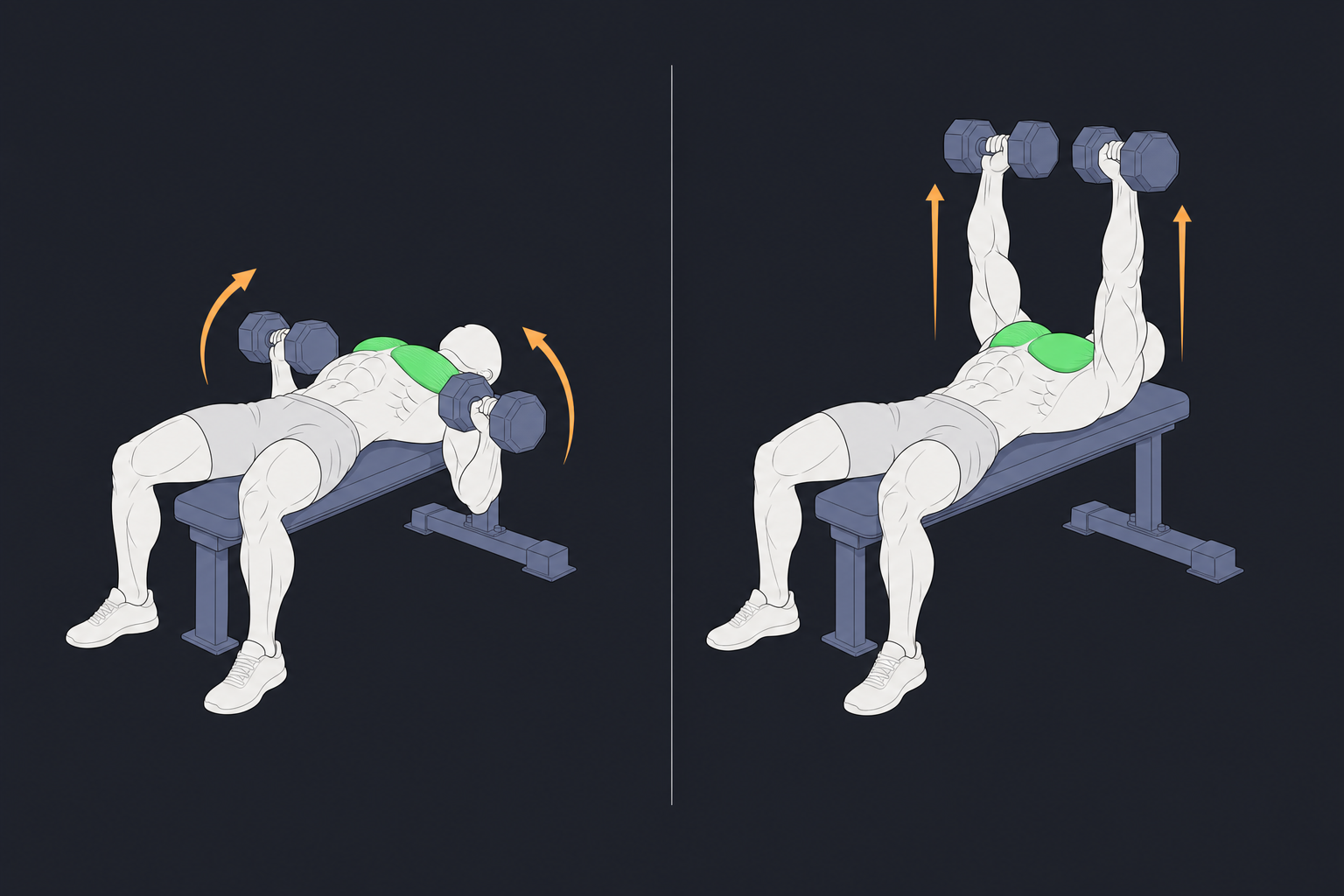 6. Flat Dumbbell Press — start and finish position