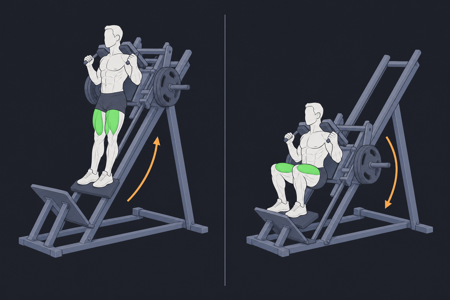 1. Hack Squat / V-Squat — start and finish position