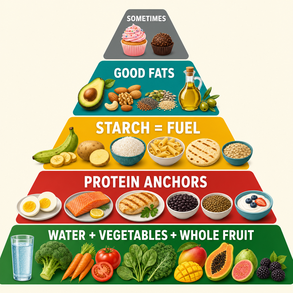 Children's food pyramid — water, vegetables and whole fruit at the base