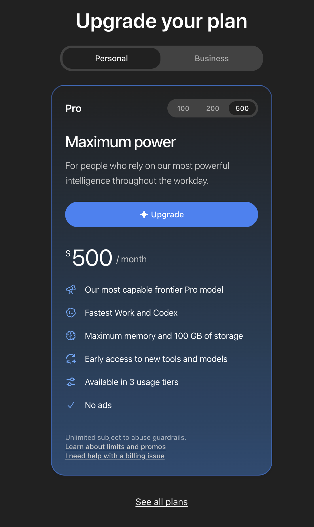 ChatGPT upgrade screen with Pro 500 selected at $500 per month, listing fastest Work and Codex and 100 GB of storage.