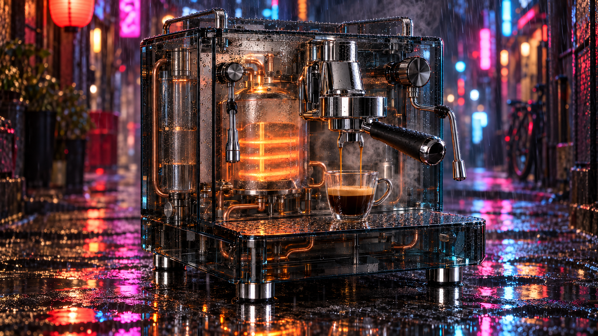 The same espresso machine after a single Sunburst edit into a rainy night alley