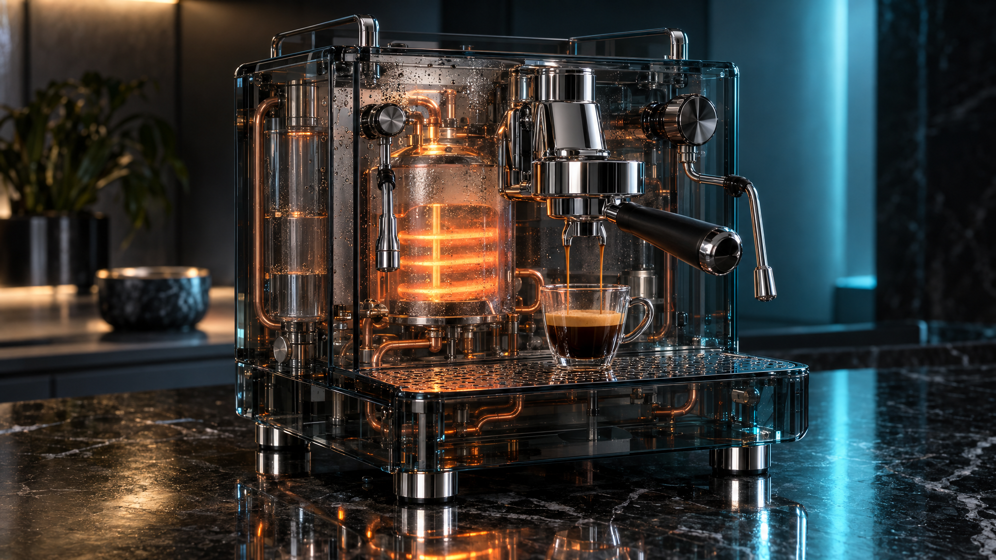 Smoked-glass and chrome espresso machine on black granite — GPT Image 2.5 Sunburst at max