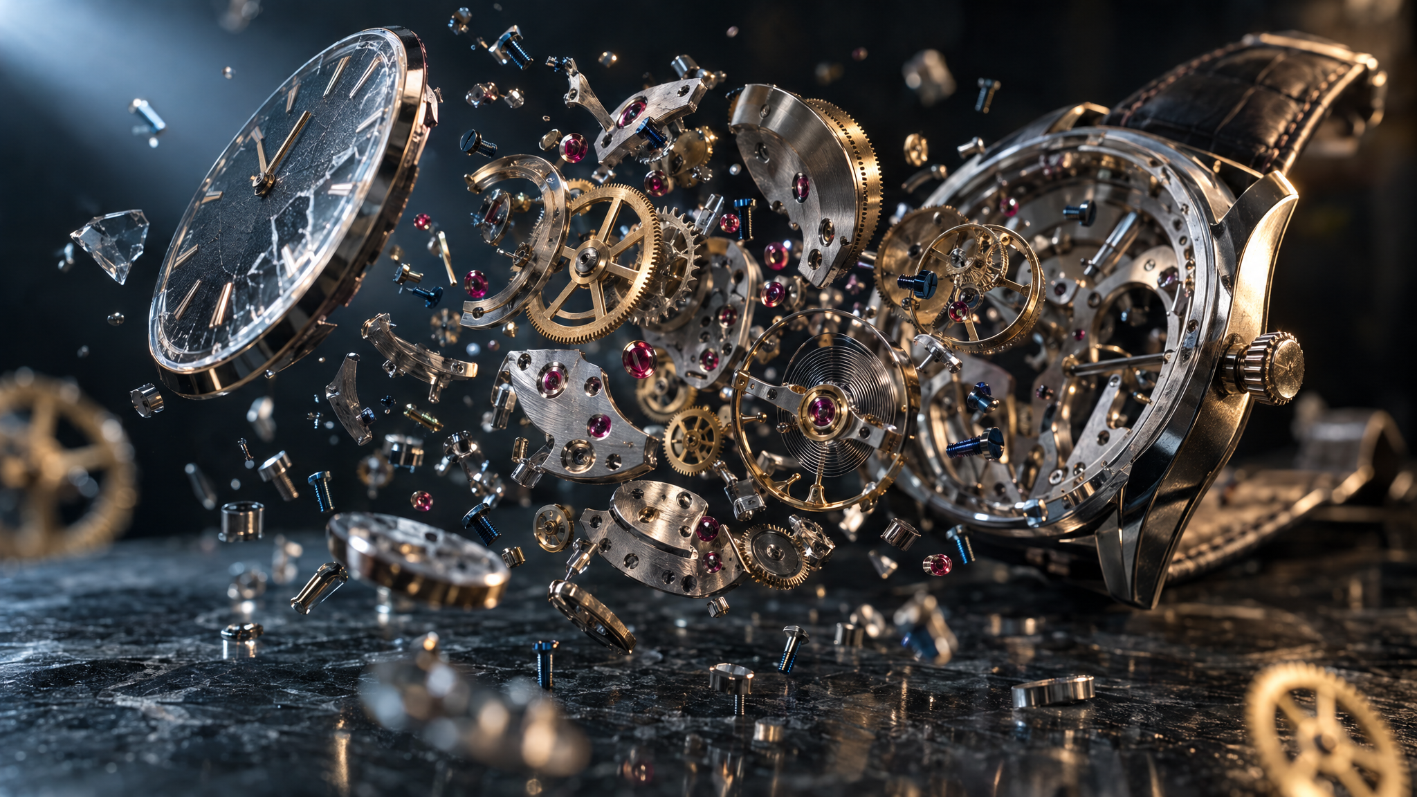 Exploded mechanical watch, frozen in mid-air — generated with GPT Image 2.5 Sunburst at max