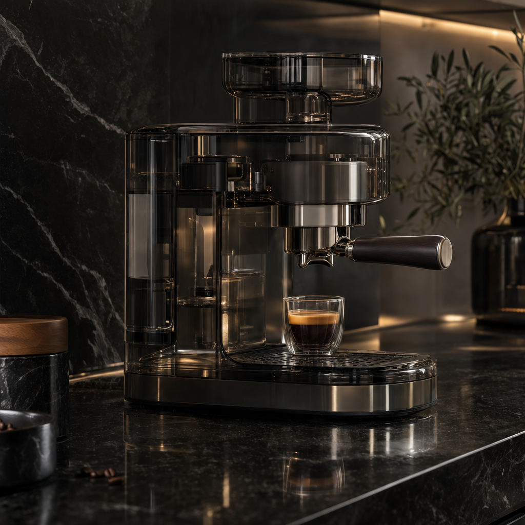 Photoreal smoked-glass espresso machine with a glass of espresso on black granite