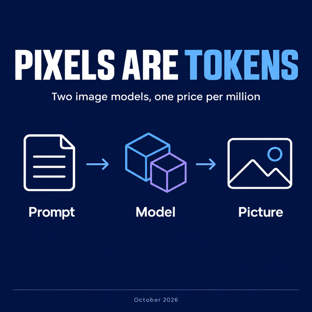 Navy poster with the headline PIXELS ARE TOKENS, the subtitle Two image models, one price per million, and line icons labeled Prompt, Model and Picture