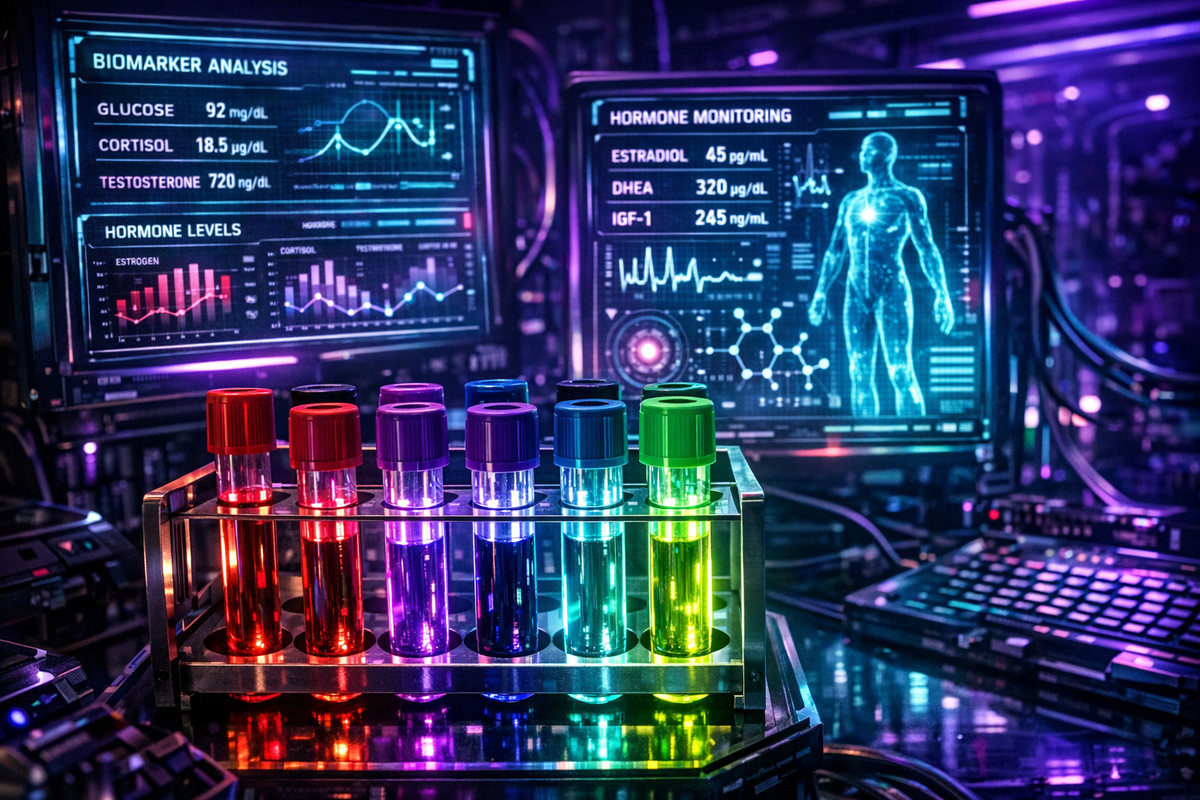 Cyberpunk biohacking laboratory with glowing neon blood test vials and holographic biomarker displays