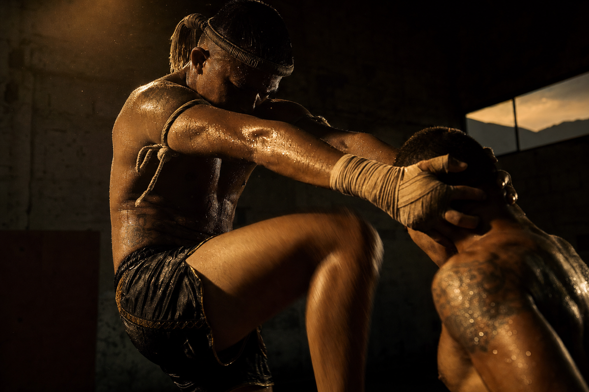 Luchador de Muay Thai en clinch dramático bajo luz ámbar — fotografía editorial cinematográfica