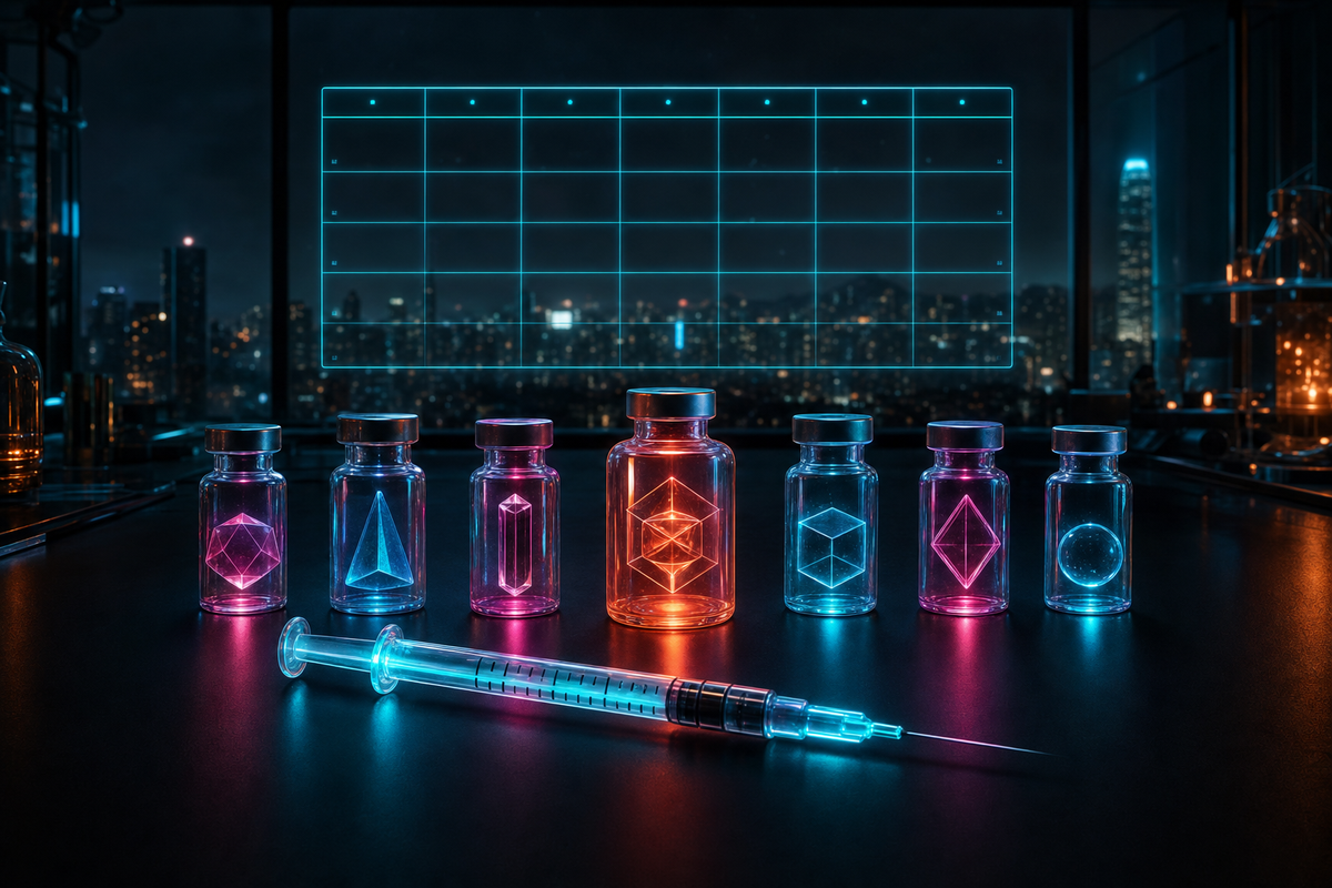 Cinematic dark editorial still-life of luminous glass vials with a syringe and translucent calendar grid overlay — Blade Runner cyberpunk Medellín aesthetic, no people