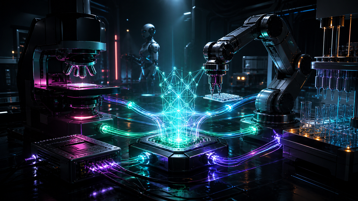 A glowing AI control lattice connects a microscope, robotic arm, liquid handler and humanoid robot in a dark cyberpunk laboratory.