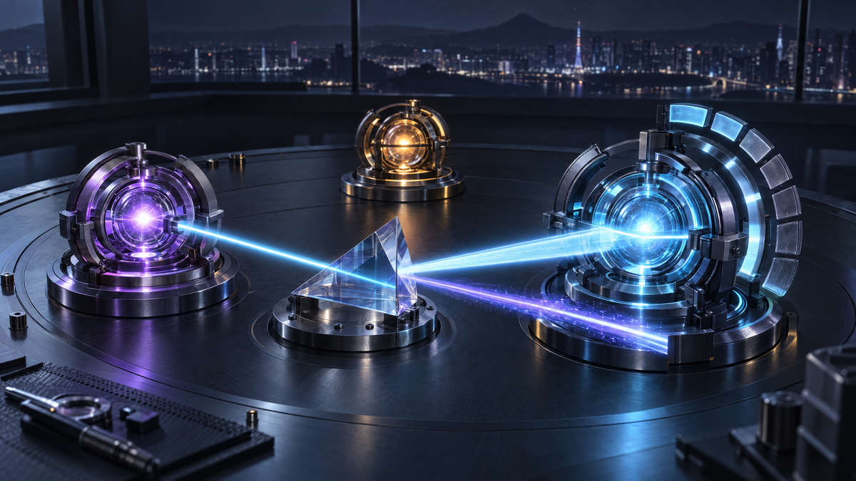 Three illuminated optical engines on a dark workbench against a night city skyline, with violet and cyan engines connected through a glass prism and an amber engine standing apart.