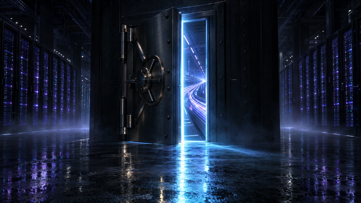 A steel vault door stands ajar in a dark data center; blue light spills through the gap, where streaks of light race along a curving track between rows of glowing server racks