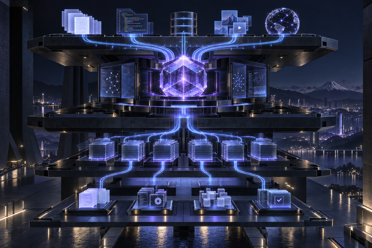 Layered compute modules and linked information panels form a technical knowledge workflow.
